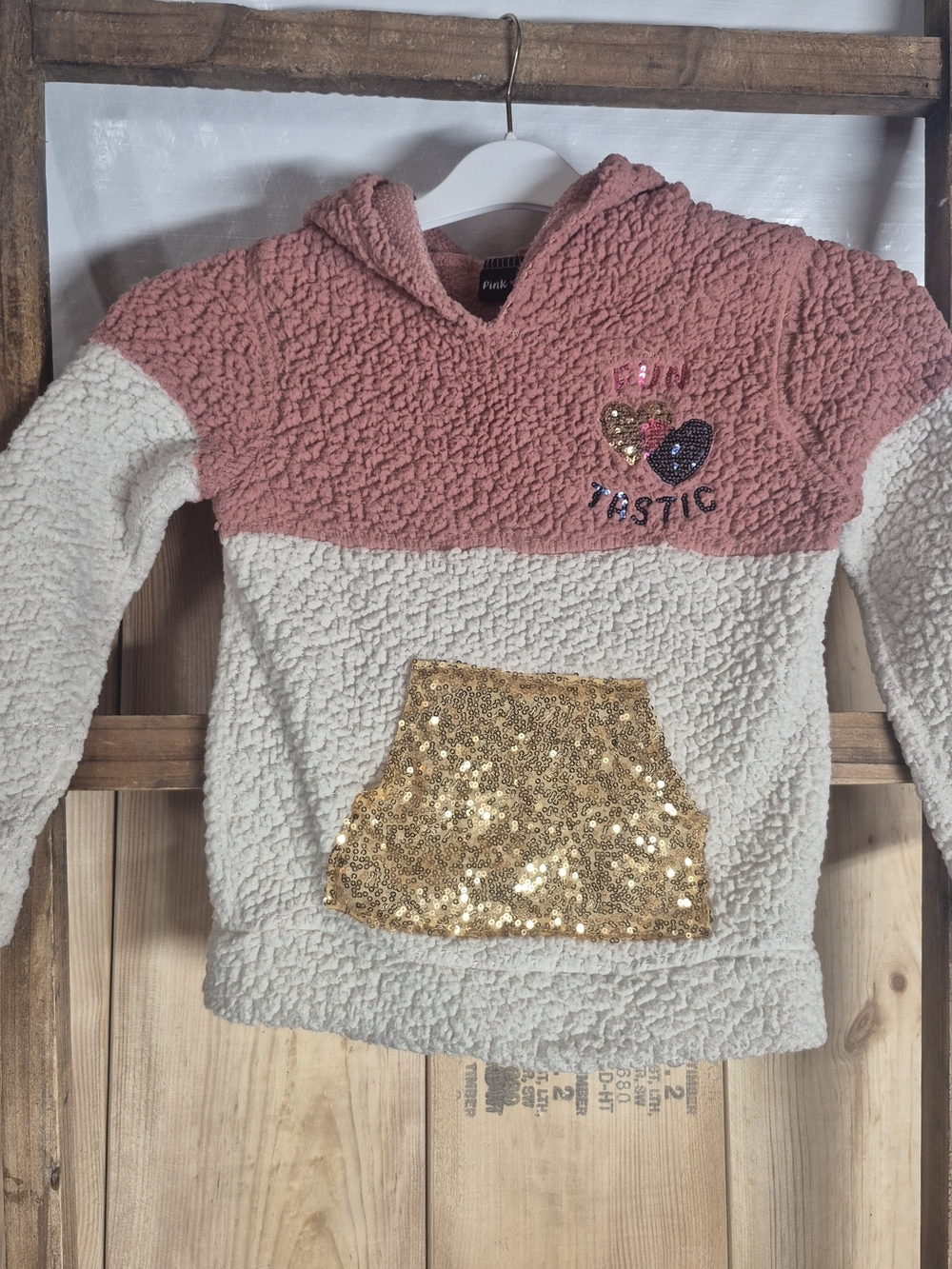 Pink & Cream Sherpa Hoodie with Gold Sequin Pocket